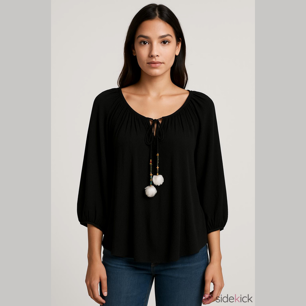 For The Republic Black Blouse with Beaded Tassels